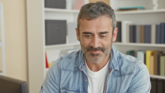 Man smiling at camera, showing teeth and face framed by beard while seated at desk beside bookshelf in a home office studio setting; friendly confidence.