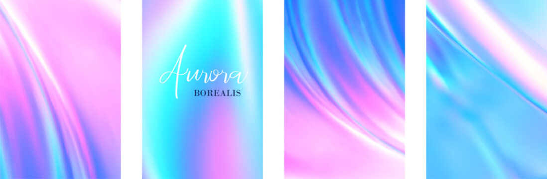 Northern lights aurora background. Blue aurora borealis gradient with abstract light holographic effect. Set vertical templates liquid wave pattern. Iridescent hologram foil paper. Vector illustration