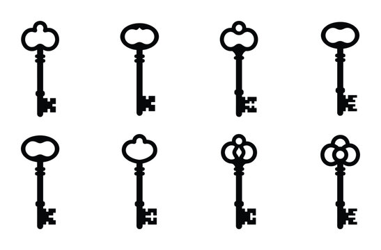 Set of eight vintage skeleton keys in black silhouette on a transparent background