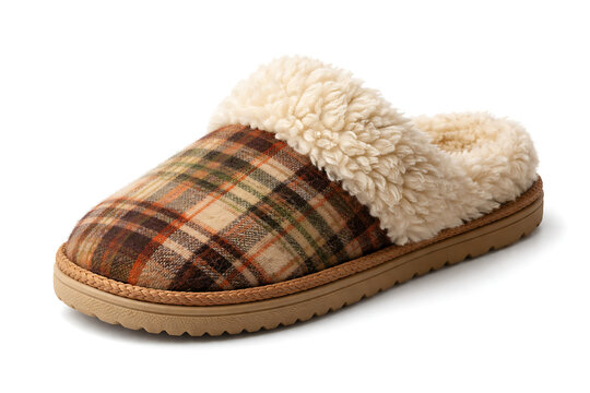 Cozy plaid slipper with soft sherpa lining isolated on white background