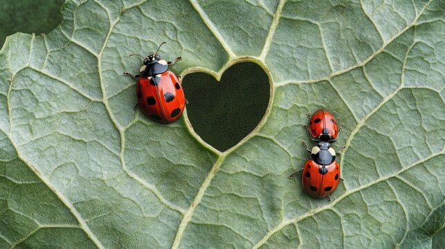 Ladybugs on leaf heart shape