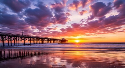 Obraz premium Vibrant sunset beach clipart a stunning coastal scene with pier reflections