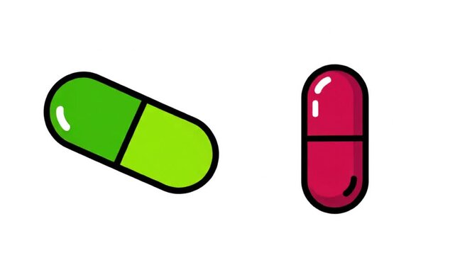 Simple animation of two pills, green and red capsule medicine, health concept, medication, treatment, isolated on white background