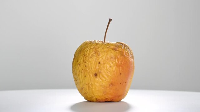 Dehydrated and wrinkled yellow apple rotating in slow motion, isolated on a white background