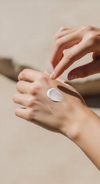 Close-up of fair-skinned hands applying white cream on back of hand with fingers in natural sunlight setting