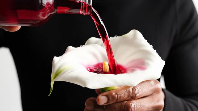Creative floral arrangement with red liquid. Artist pours vibrant red juice into white calla lily. Unique concept for art, design, and floral decoration. Bright colors create stunning visual impact.