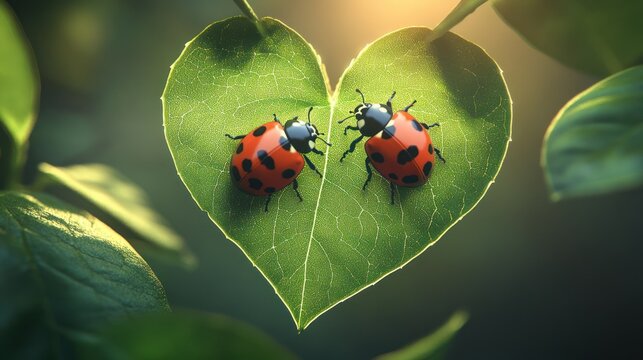 Two ladybugs on heart-shaped leaf, nature scene, sunlight