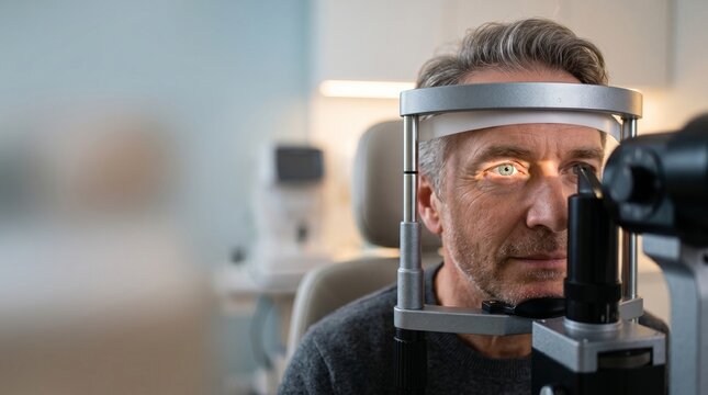 A middle-aged man undergoes an eye examination at an optometrist's office with a phoropter machine.