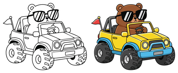 Fototapeta premium Bear cute cartoon character driving off road car in clean vector outline style