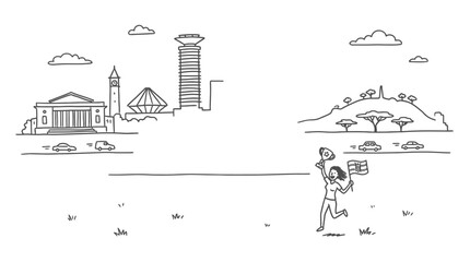 Naklejka premium Nairobi Skyline and Person Running with Balloons and a Sign