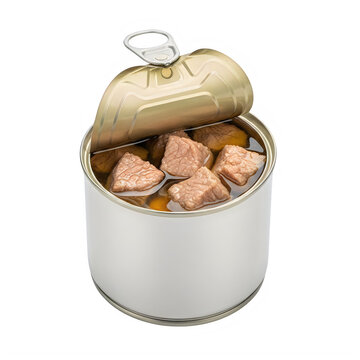 a can of dog food with chunks of meat and a pull tab
