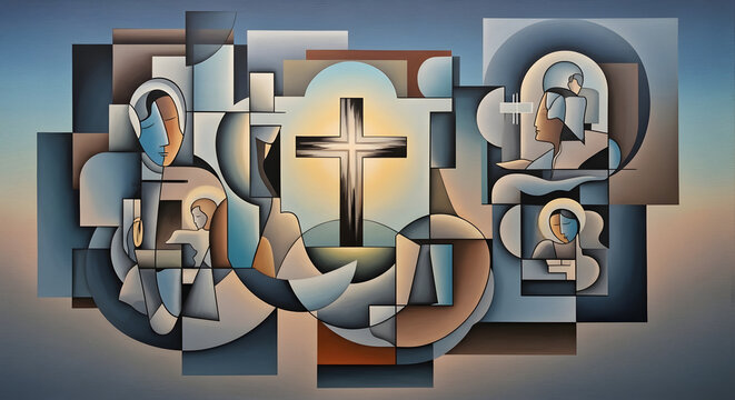 Abstract cubist religious artwork featuring a central cross and holy figures