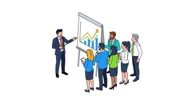 Business team gathered around a presentation screen with a graph