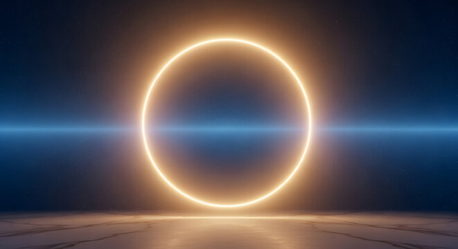 Glowing golden ring portal in deep space over cracked stone ground