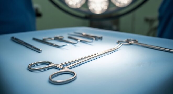 Surgical Instruments Laid Out on a Blue Sterile Drape Under Operating Room Lights.