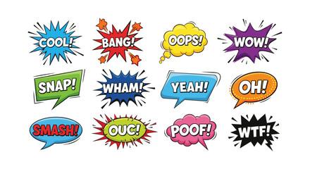 Obraz premium Collection of colorful comic book speech bubbles isolated on white background