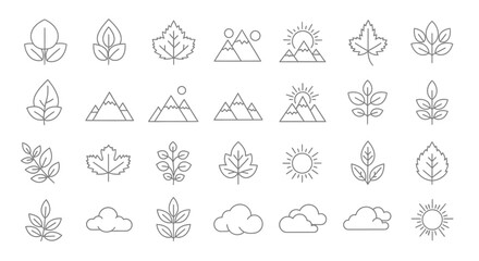 Naklejka premium Nature and Environment Line Icons Set. Thin Outline Vector Collection of Leaves, Mountains, Sun, and Clouds. Ecology Graphic Elements.