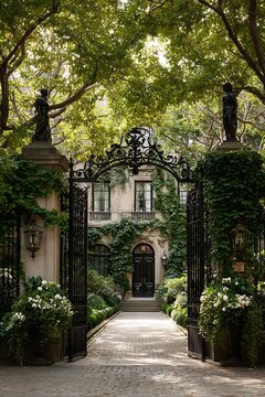 Elegant Entry: Formal Garden Gateway Wrought Iron Gates Lush Ivy Classic Architecture Serene Ambiance Timeless Charm Outdoor Oasis