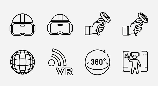 Virtual Reality and Augmented Reality Line Icons Set. Modern VR AR Technology Headsets, Controllers, and Immersive Digital Experience Symbols