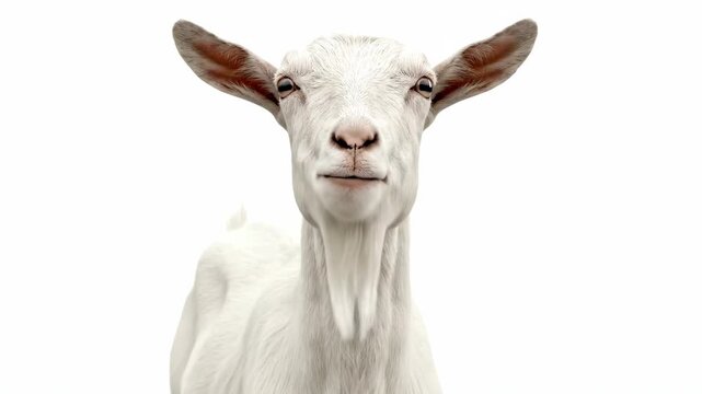 Close-up of a white goat with a gentle smile on a white background