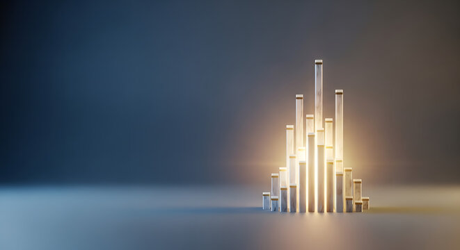 Glowing marble columns in pyramid shape on dark minimalist background