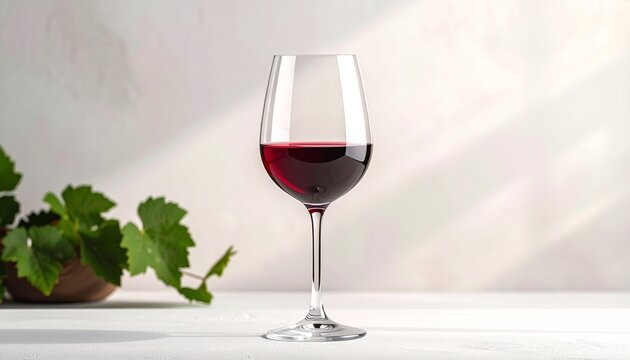 Mockup de una copa de vino tinto sobre fondo neutro, iluminaci&oacute;n suave, estilo minimalista, espacio en blanco para dise&ntilde;o personalizado