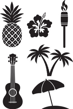 Tropical Summer Icon Set &ndash; Pineapple, Hibiscus, Palm Trees, Ukulele Vector Silhouettes