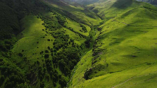Cinematic 4K ProRes 422 aerial of a lush green mountain valley in Kazbegi. Epic Caucasus mountains landscape at golden hour, Georgia.