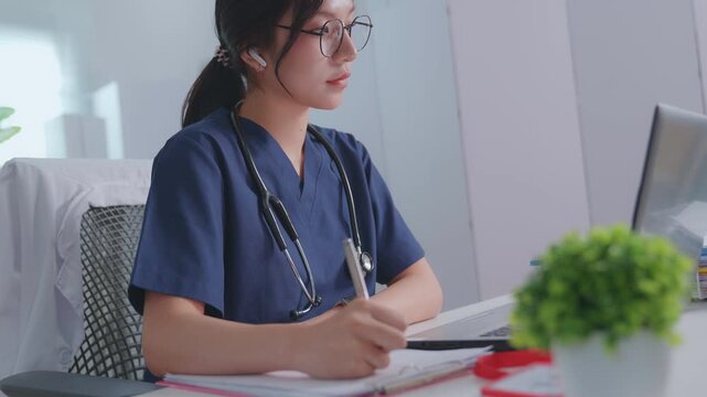 A female doctor note in book at a white wooden desk in her hospital office. illustrating diagnoses and recording patient symptoms. Healthcare and medicine. Physician  diagnosis and treatment plan.