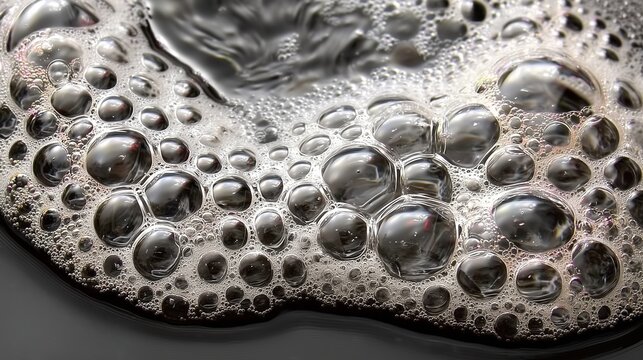 Bulles de savon translucides flottant dans une mousse blanche cr&eacute;meuse