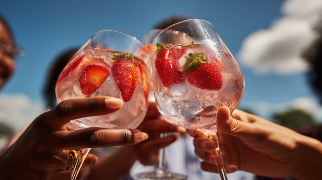 Deux verres de cocktail aux fraises trinquent sous un ciel bleu d'&eacute;t&eacute;