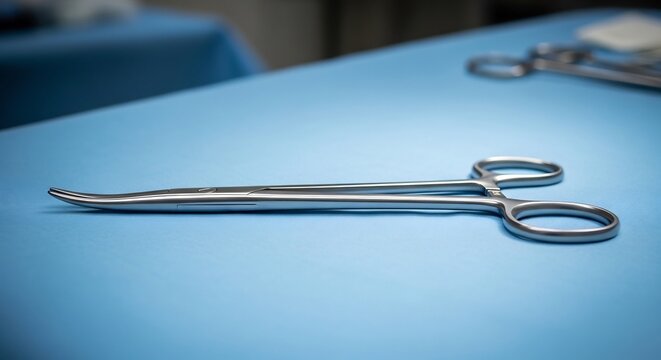 Surgical Scissors Lying on a Blue Sterile Surgical Drape.