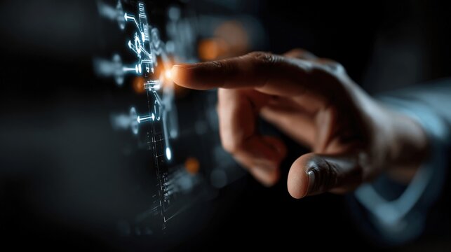 Main touchant une interface holographique futuriste avec effets lumineux