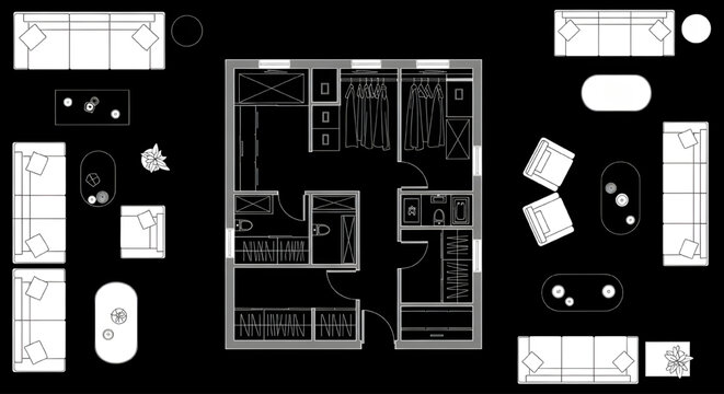 Wardrobe Top View Blueprint Vector &ndash; Living Room Furniture AutoCAD Layout Plan White Outline on Black Background