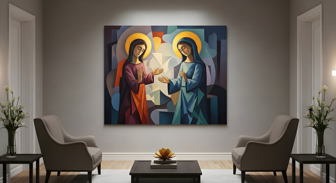 Modern living room interior featuring large abstract religious painting on wall