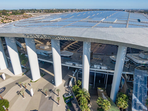 Aerial Drone View of SoFi Stadium Exterior and Main Entrance, Inglewood CA