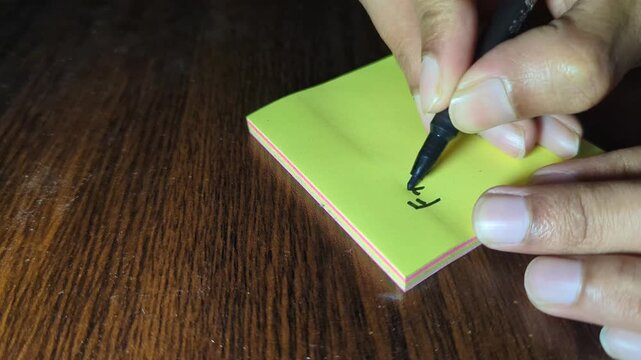 Person writing Friday on lime green sticky note with black marker on wooden desk top view hand holding felt tip pen making handwritten reminder note daily planner schedule organization concept.
