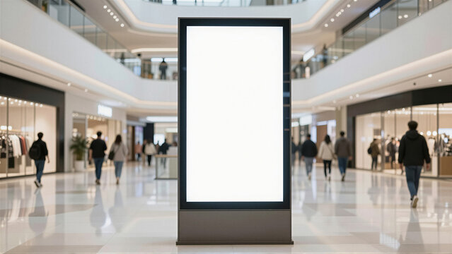 Prominent blank vertical digital billboard mockup in a modern shopping mall with blurred shoppers. Ideal for commercial advertising, retail promotion, or design presentation. Ample copy s