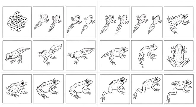 A series of illustrations depicting the life cycle of a frog, from egg to adult. isolated on white background