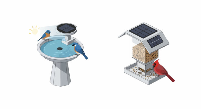 Solar Powered Smart Bird Bath and Bird Feeder Set with Bluebirds and Cardinal, Isometric Vector Illustration Isolated on White