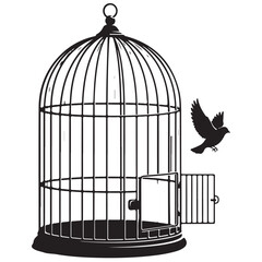 Fototapeta premium Bird flying out of an open birdcage silhouette vector illustration symbolizing freedom and liberation