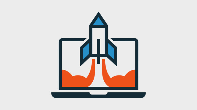 Stylized rocket and laptop vector mark - for tech innovation illustration