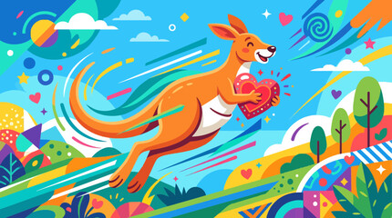 Fototapeta premium Happy Kangaroo Jumping with a Heart Colorful Vector Illustration