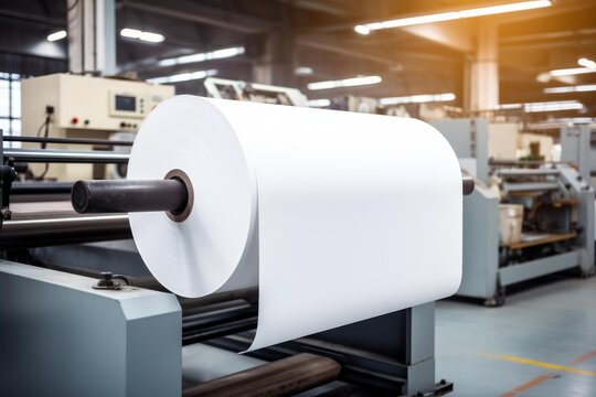 Large paper roll in a factory feeding into a printing or manufacturing machine