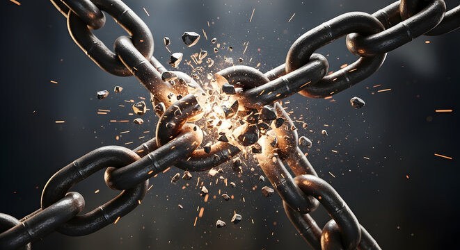 Breaking free concept, metal chain, sparks, destruction, freedom