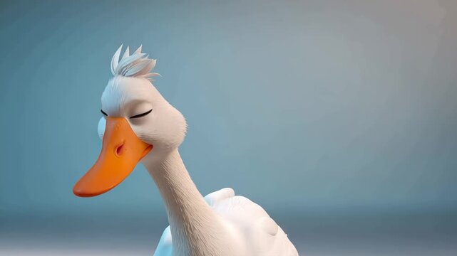 Funny animated goose makes silly expressions and interacts with the viewer in a colorful setting