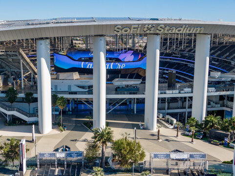 Aerial Drone View of SoFi Stadium Exterior and Main Entrance, Inglewood CA