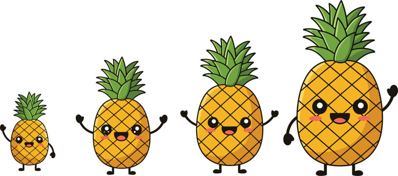 Kawaii Style Cartoon Pineapples in Various Sizes with Cute Expressions and Happy Faces for Fun Design