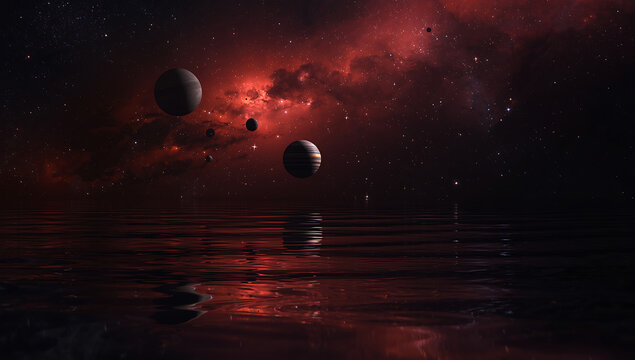 Exoplanet water world under deep crimson cosmic clouds with multiple moons and spheres hanging in dark star filled sky reflections