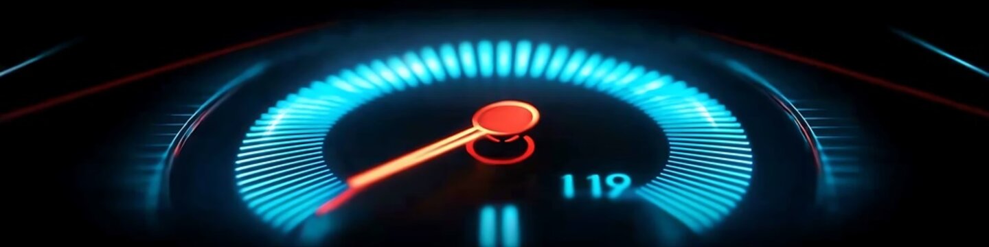 Futuristic glowing speedometer at 119 showing high speed digital display motion blur fast travel technology.